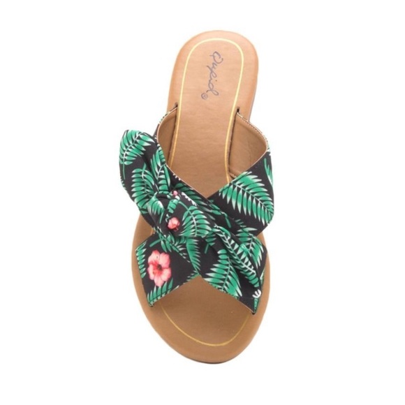 Tropical Floral Print Bow Slide Sandals - Picture 1 of 15